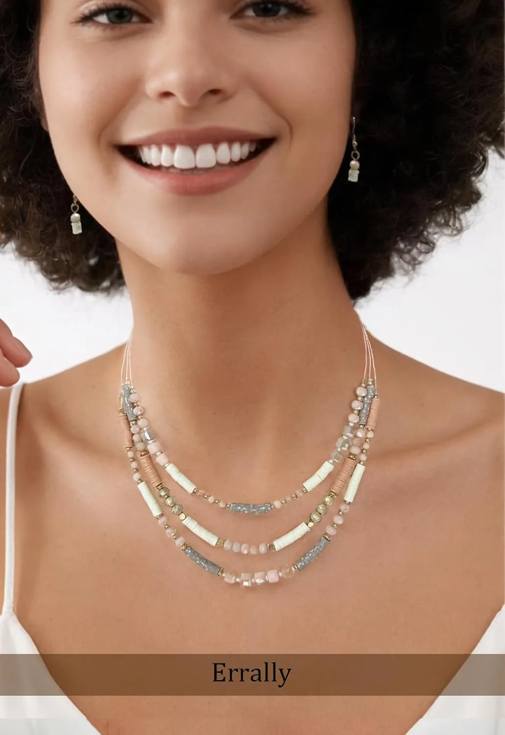 Layered Silver Beaded Necklace for Women Square Crystal Beads Statement Collar Necklace and Earrings Fashion Costumes Jewelry Sets for Women