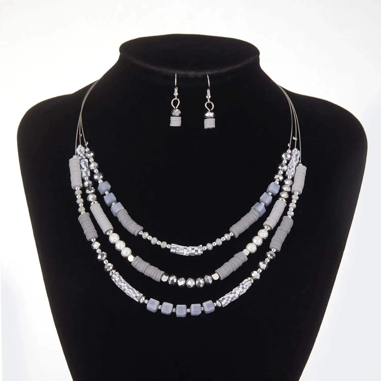 Layered Silver Beaded Necklace for Women Square Crystal Beads Statement Collar Necklace and Earrings Fashion Costumes Jewelry Sets for Women