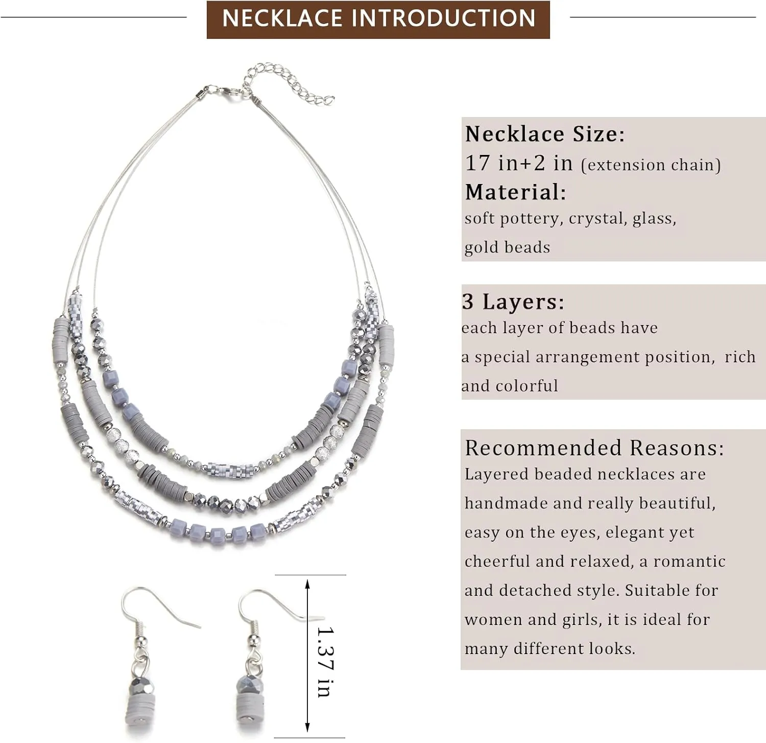 Layered Silver Beaded Necklace for Women Square Crystal Beads Statement Collar Necklace and Earrings Fashion Costumes Jewelry Sets for Women