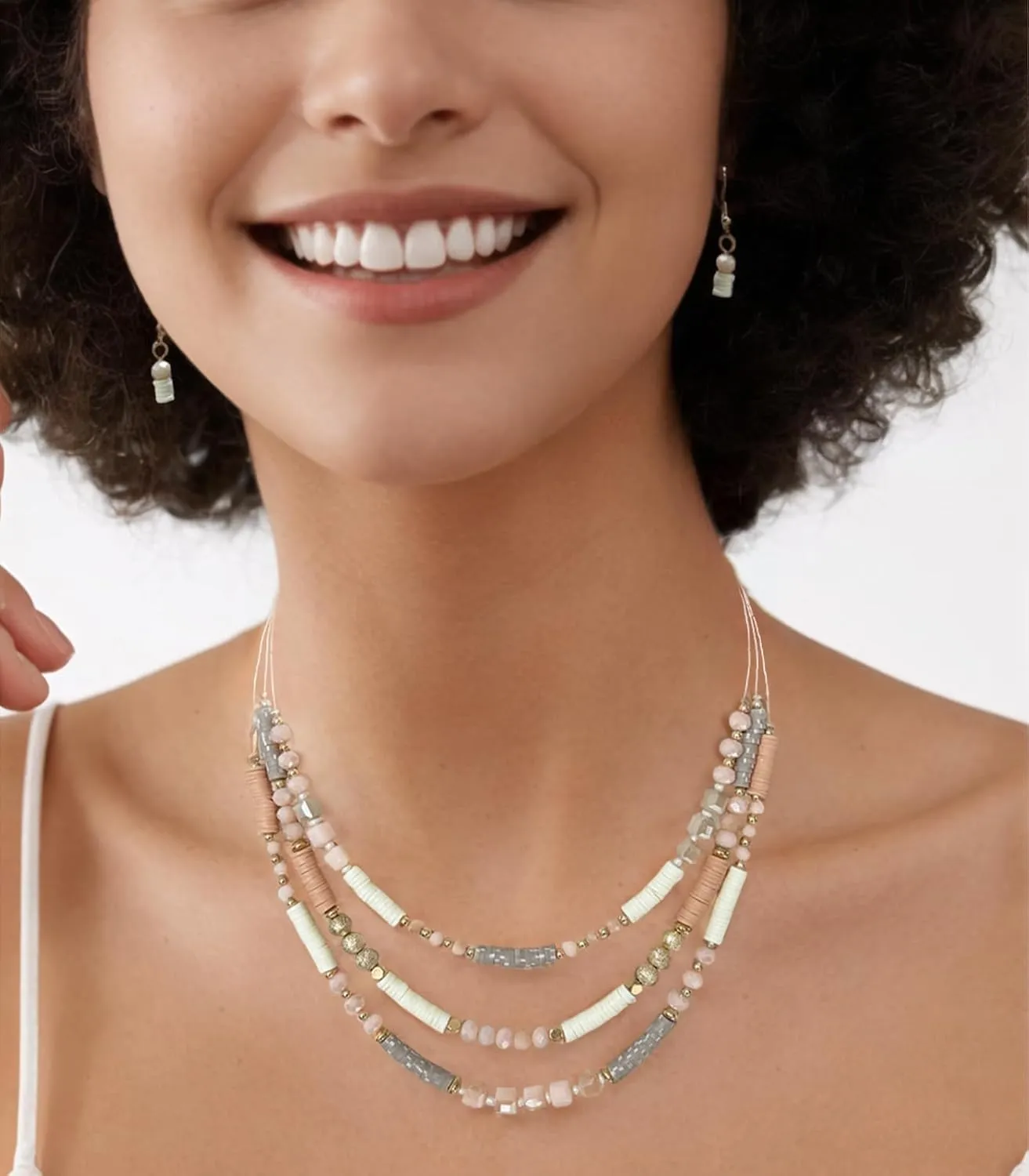 Layered Silver Beaded Necklace for Women Square Crystal Beads Statement Collar Necklace and Earrings Fashion Costumes Jewelry Sets for Women