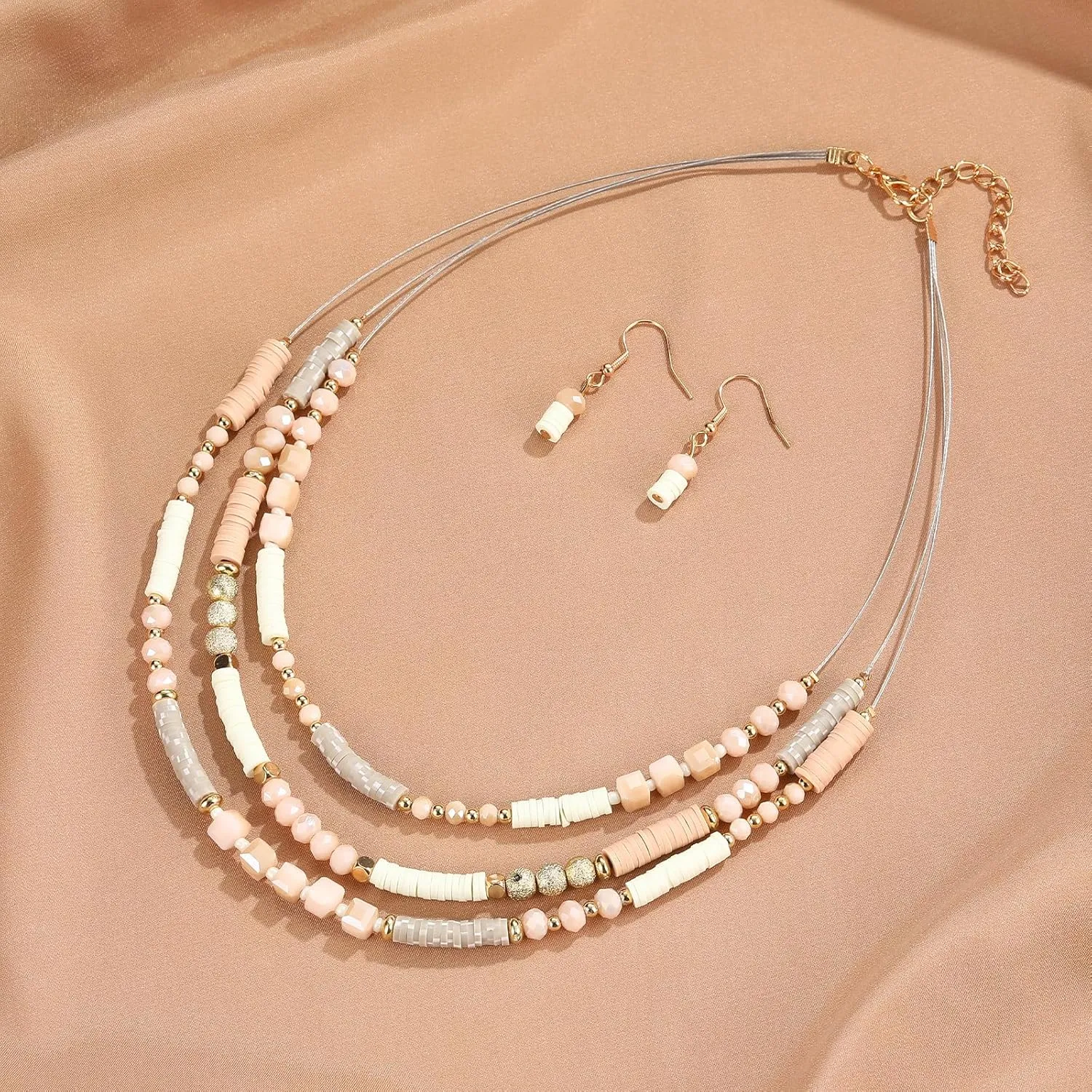 Layered Silver Beaded Necklace for Women Square Crystal Beads Statement Collar Necklace and Earrings Fashion Costumes Jewelry Sets for Women