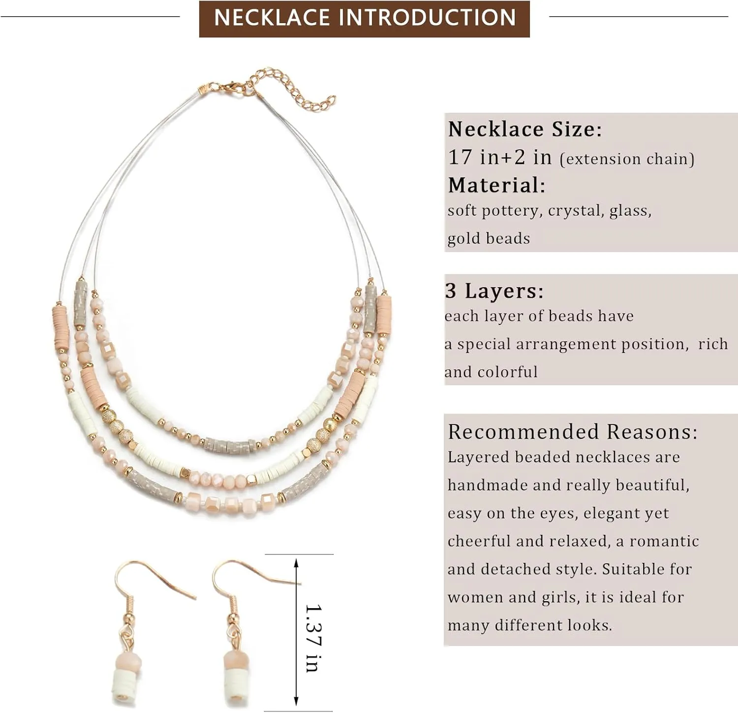 Layered Silver Beaded Necklace for Women Square Crystal Beads Statement Collar Necklace and Earrings Fashion Costumes Jewelry Sets for Women