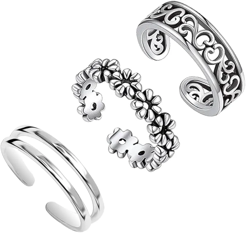 LeCalla 925 Sterling Silver Minimalist Toe Rings Set of Toe Ring Lightweight Simple Antique Open Adjustable Toe-Rings Beach Foot Jewelry Set for Women
