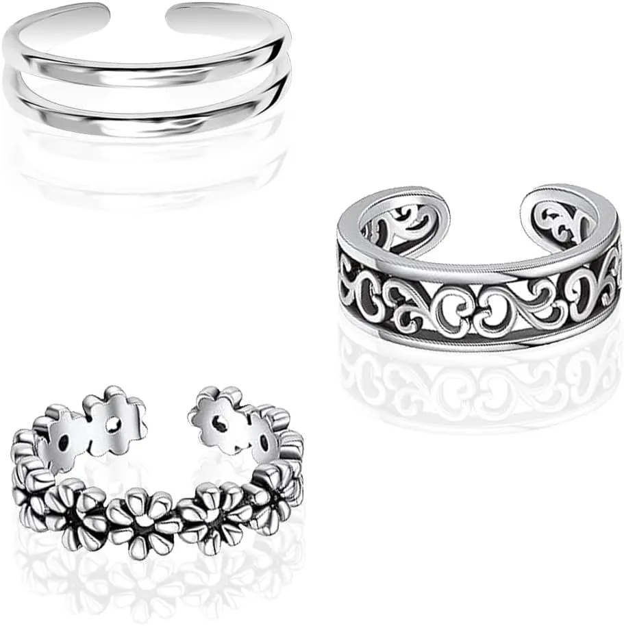 LeCalla 925 Sterling Silver Minimalist Toe Rings Set of Toe Ring Lightweight Simple Antique Open Adjustable Toe-Rings Beach Foot Jewelry Set for Women