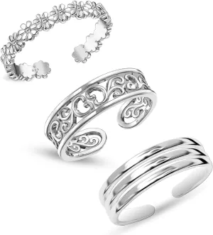 LeCalla 925 Sterling Silver Minimalist Toe Rings Set Simple Open Adjustable Toe-Rings for Women