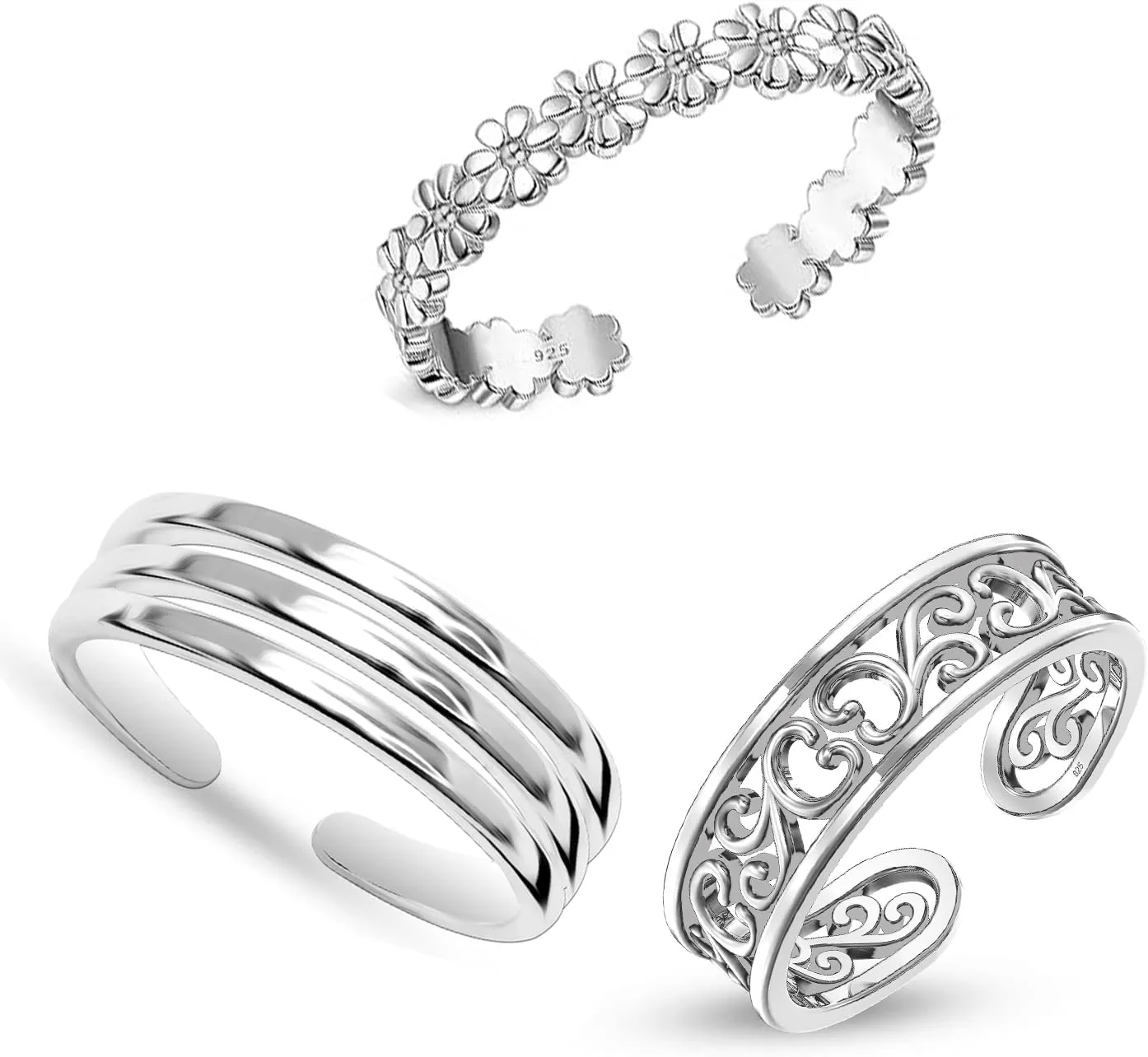 LeCalla 925 Sterling Silver Minimalist Toe Rings Set Simple Open Adjustable Toe-Rings for Women