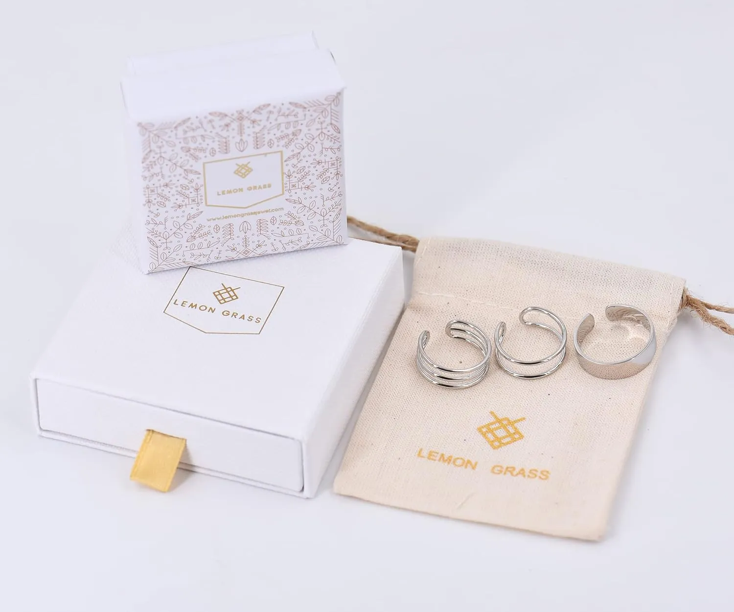 LEMON GRASS Sterling Silver Simple Band Ring Open Ring Ajustable Wide Band Line Rings