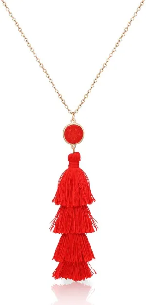 LENOOCLE Layered Tassel Pendant Necklace Tiered Thread Fringe Druzy Necklace Long Necklaces Sweater Chain Christmas Jewelry Gift for Women