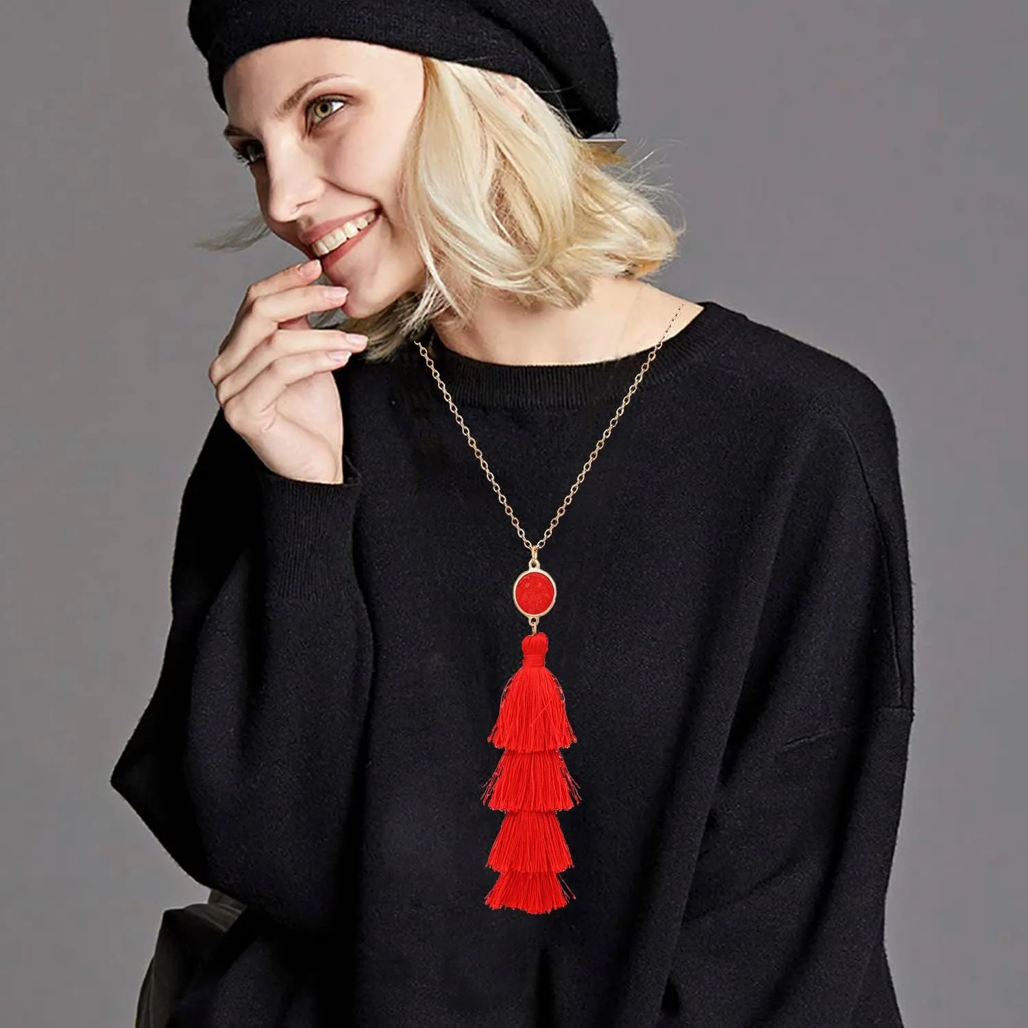 LENOOCLE Layered Tassel Pendant Necklace Tiered Thread Fringe Druzy Necklace Long Necklaces Sweater Chain Christmas Jewelry Gift for Women