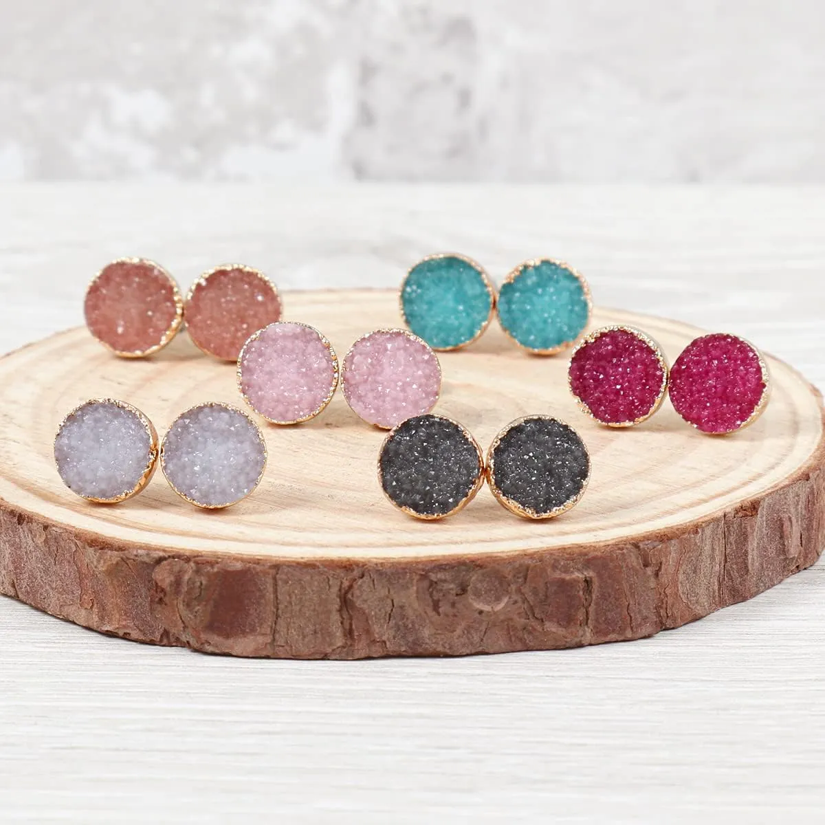 Lightweight Acrylic Stone Druzy Crystal Delicate Earrings - Sparkly Geometric Round, Teardrop Studs