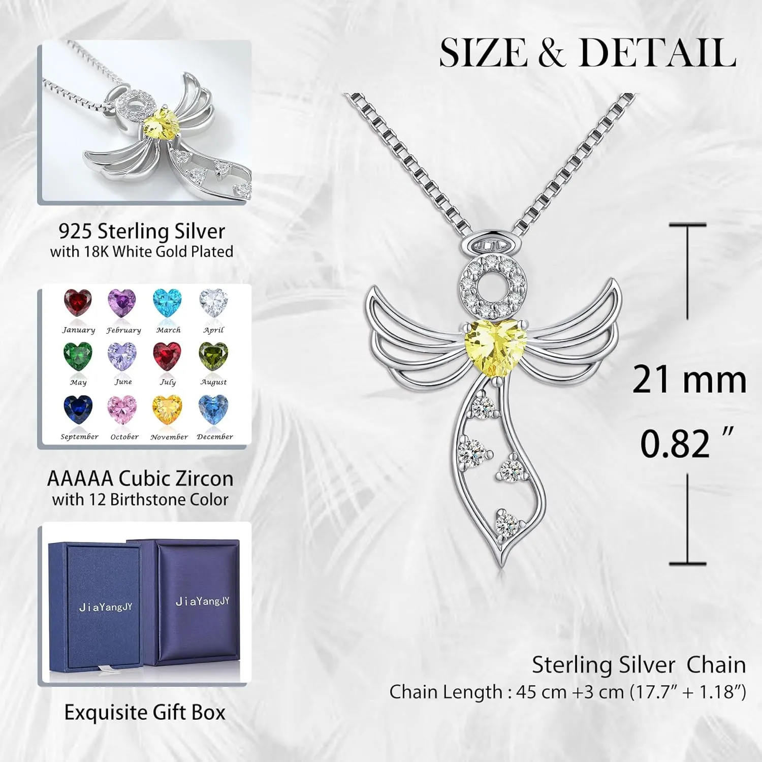 Little Guardian Angel Necklace 925 Sterling Silver with Heart Birthstone Angel Wing Pendant Unique Gifts for Her