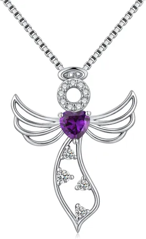 Little Guardian Angel Necklace 925 Sterling Silver with Heart Birthstone Angel Wing Pendant Unique Gifts for Her