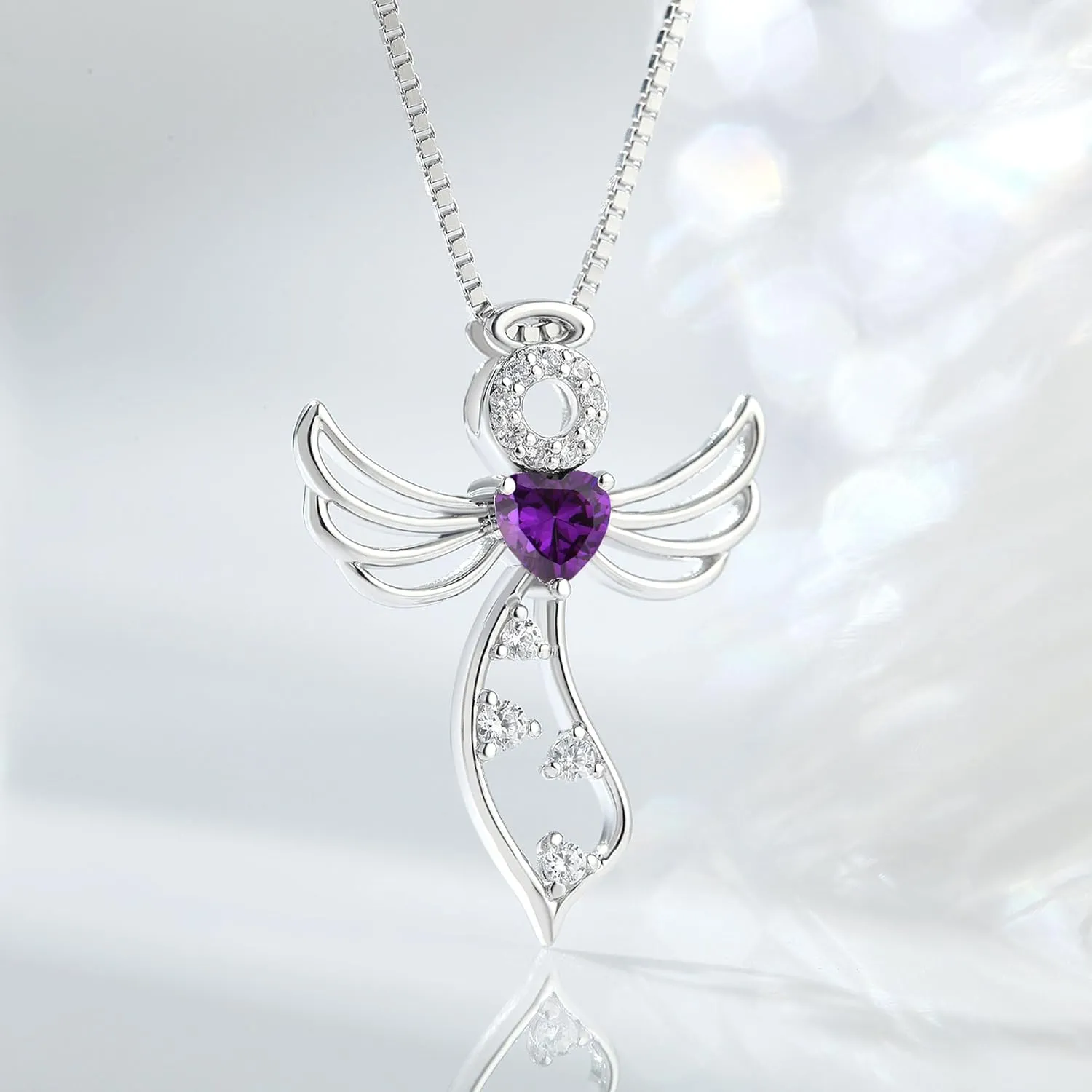 Little Guardian Angel Necklace 925 Sterling Silver with Heart Birthstone Angel Wing Pendant Unique Gifts for Her