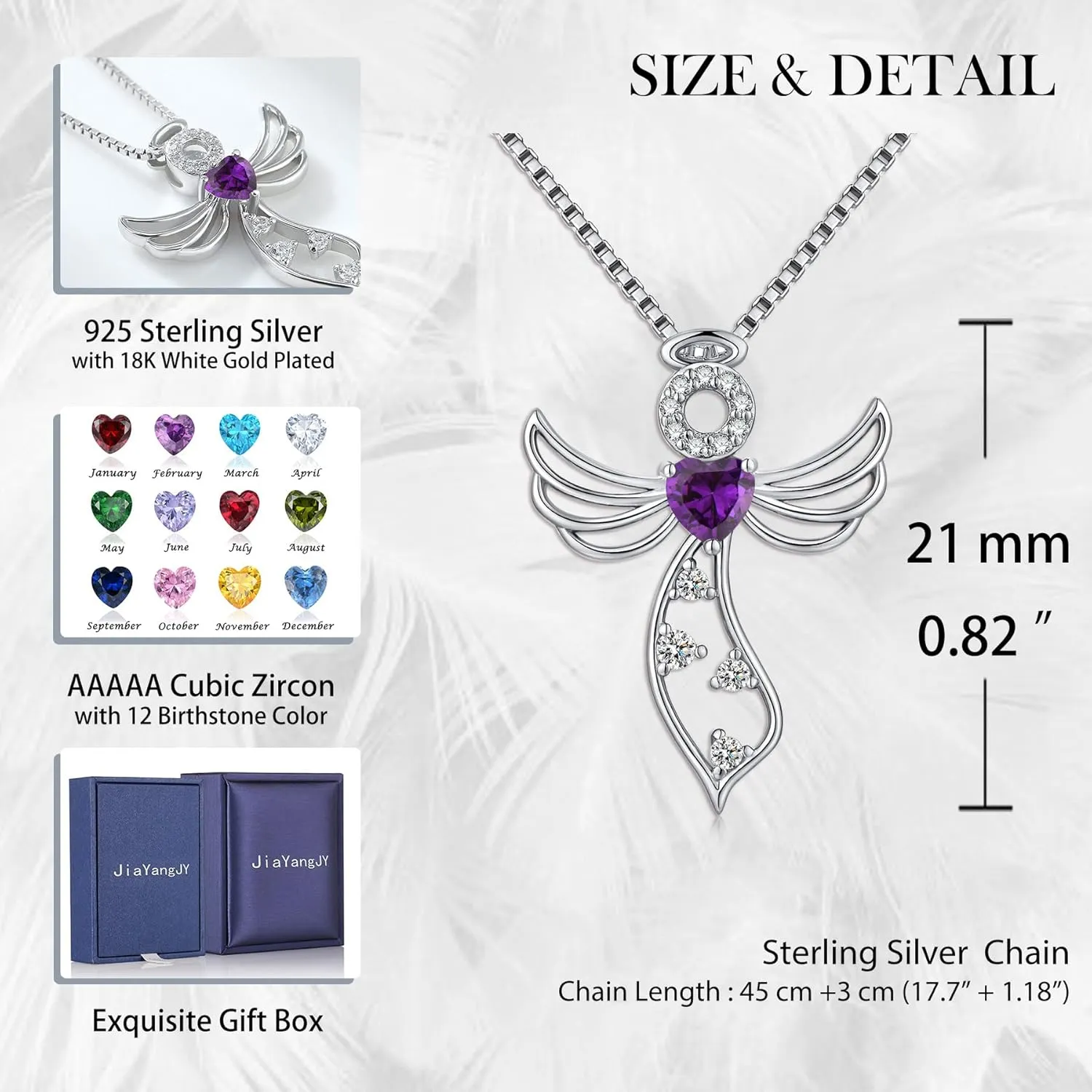 Little Guardian Angel Necklace 925 Sterling Silver with Heart Birthstone Angel Wing Pendant Unique Gifts for Her
