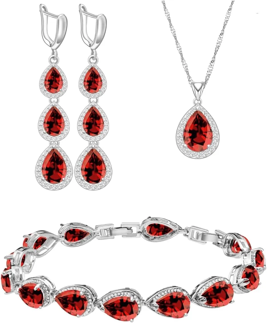 LMXXVJ Necklace Long Earrings Bracelet Set, White Gold Plated Created Blue Sapphire Jewelry Set Wedding Party Gift Jewelry for Women Bridal Bridesmaid