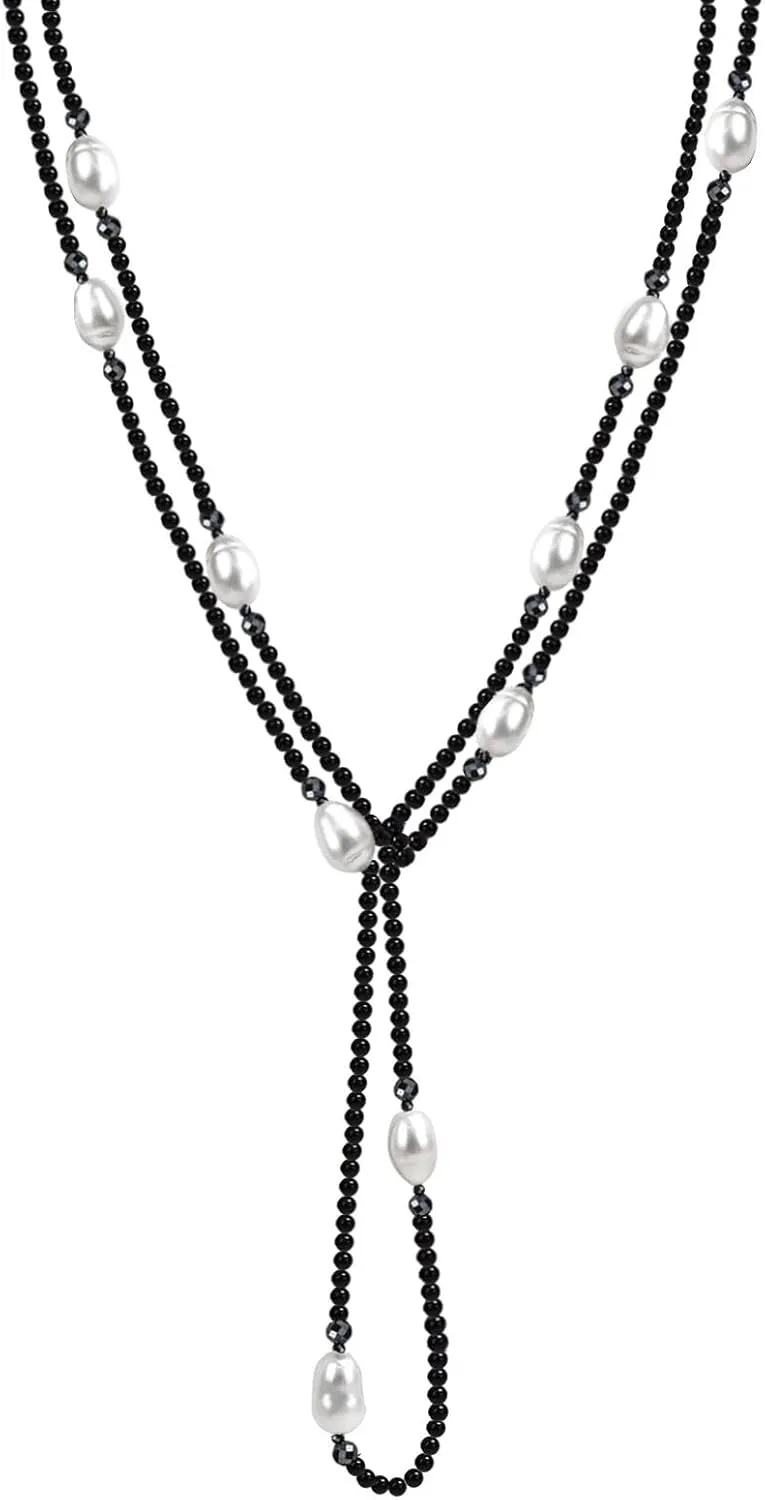 Long Beaded Necklaces for Women Boho,Womens Long Pearl Necklace Western Jewelry,Labradorite Gemstone Bead Necklace,Simple Black Pearl Strand Layered Necklace 55",Handmade Unique Gifts for Women