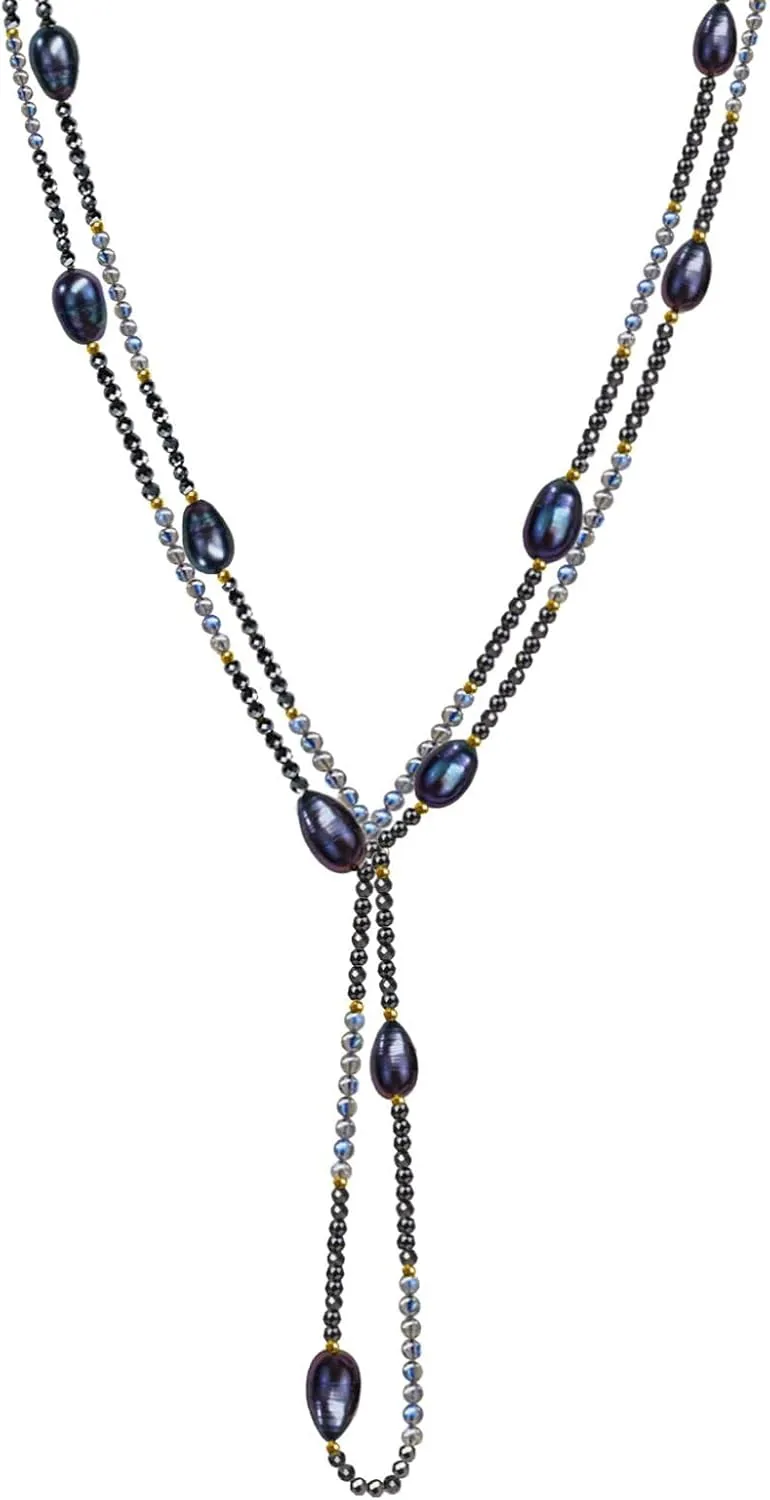 Long Beaded Necklaces for Women Boho,Womens Long Pearl Necklace Western Jewelry,Labradorite Gemstone Bead Necklace,Simple Black Pearl Strand Layered Necklace 55",Handmade Unique Gifts for Women