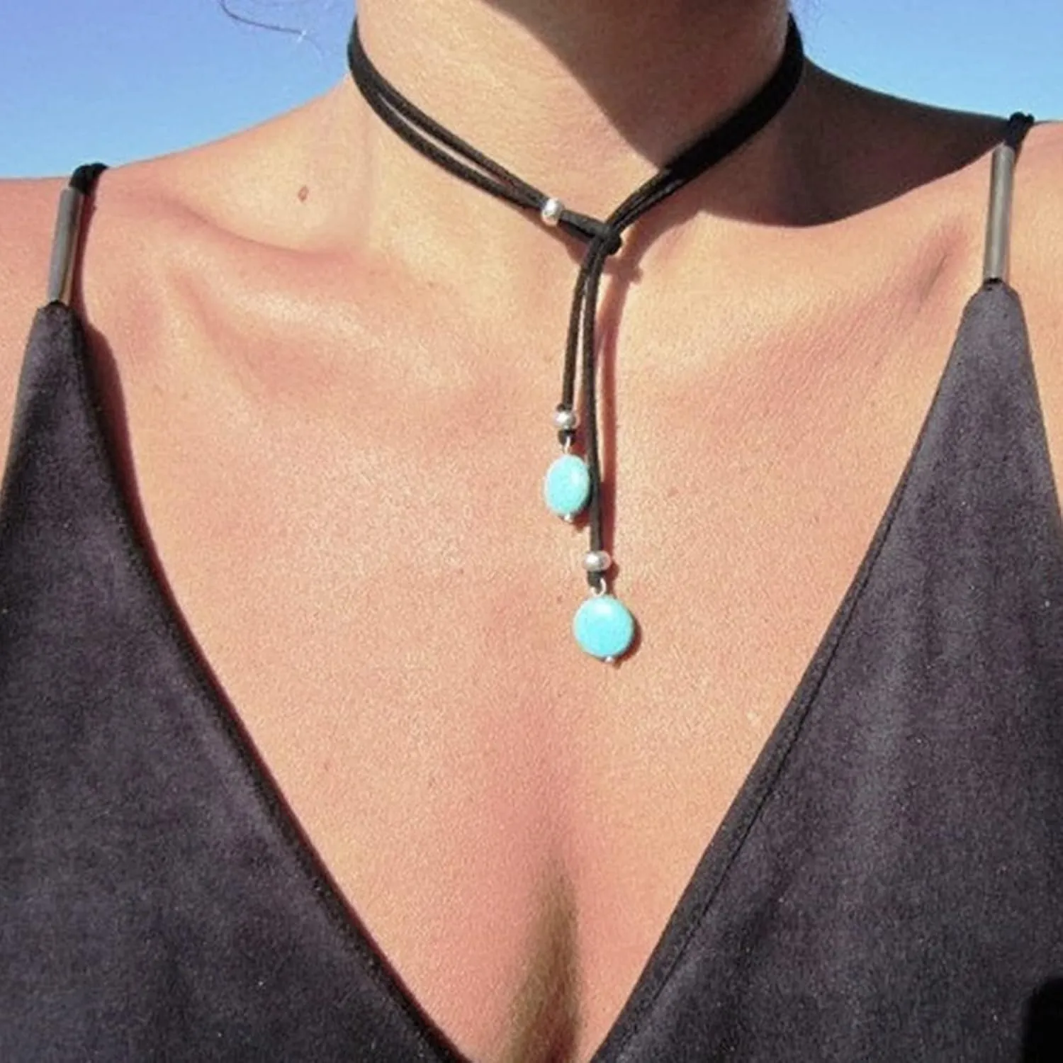 Long tiantian Boho Necklaces for Women Western Jewelry Country Concert Outfits for Women Layered Brown Leather Choker Western Cowgirl Outfits Jewelry