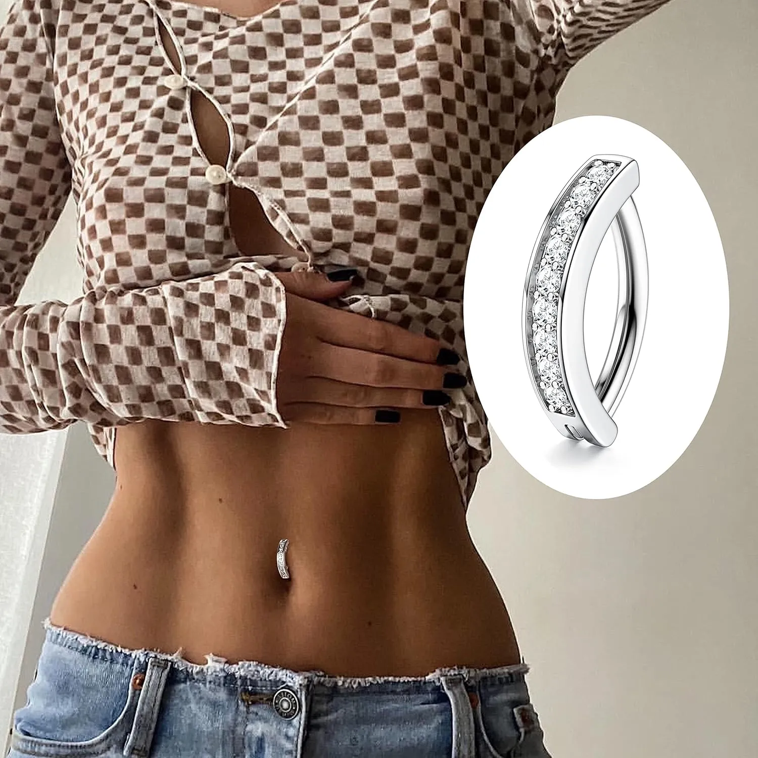 LOYALLOOK 8Pcs Clicker Belly Button Ring for Women Surgical Steel CZ Heart Butterfly Belly Ring Simple Bar Reverse Curved Navel Rings Belly Barbell Piercing Jewelry 14G