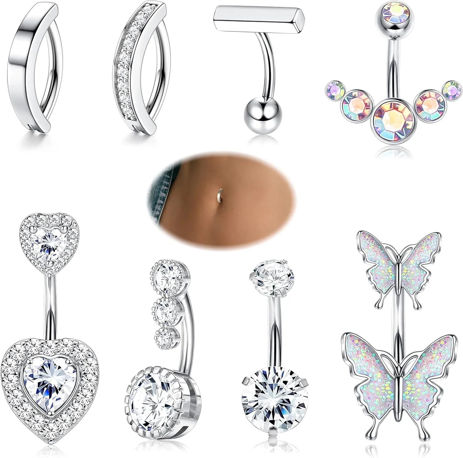 LOYALLOOK 8Pcs Clicker Belly Button Ring for Women Surgical Steel CZ Heart Butterfly Belly Ring Simple Bar Reverse Curved Navel Rings Belly Barbell Piercing Jewelry 14G