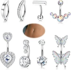 LOYALLOOK 8Pcs Clicker Belly Button Ring for Women Surgical Steel CZ Heart Butterfly Belly Ring Simple Bar Reverse Curved Navel Rings Belly Barbell Piercing Jewelry 14G