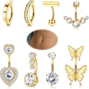 LOYALLOOK 8Pcs Clicker Belly Button Ring for Women Surgical Steel CZ Heart Butterfly Belly Ring Simple Bar Reverse Curved Navel Rings Belly Barbell Piercing Jewelry 14G