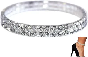 LucBuy 2PCS Twinkle Diamond Anklet, Elastic Rhinestone Tennis Ankle Bracelets for Women,Crystal Silver-Tone Sparkling Charm Foot Jewelry,Bling Shining Bridal Anklet Bracelet Gifts