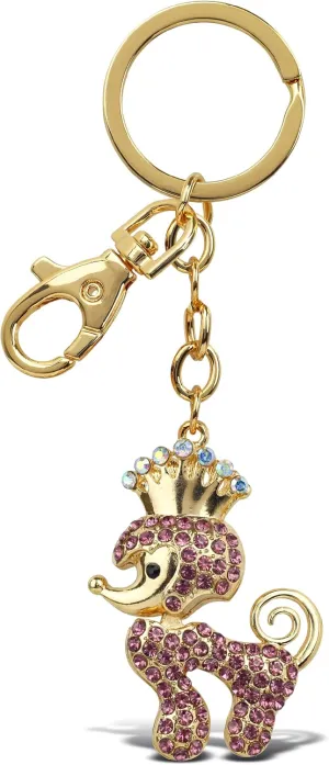 Magenta Poodle Queen Dog Keychain - Gold 3D Sparkling Charm Rhinestones Fashionable Stylish Metal Alloy Durable Key Ring Bling Crystal Jewelry Accessory with Clasp
