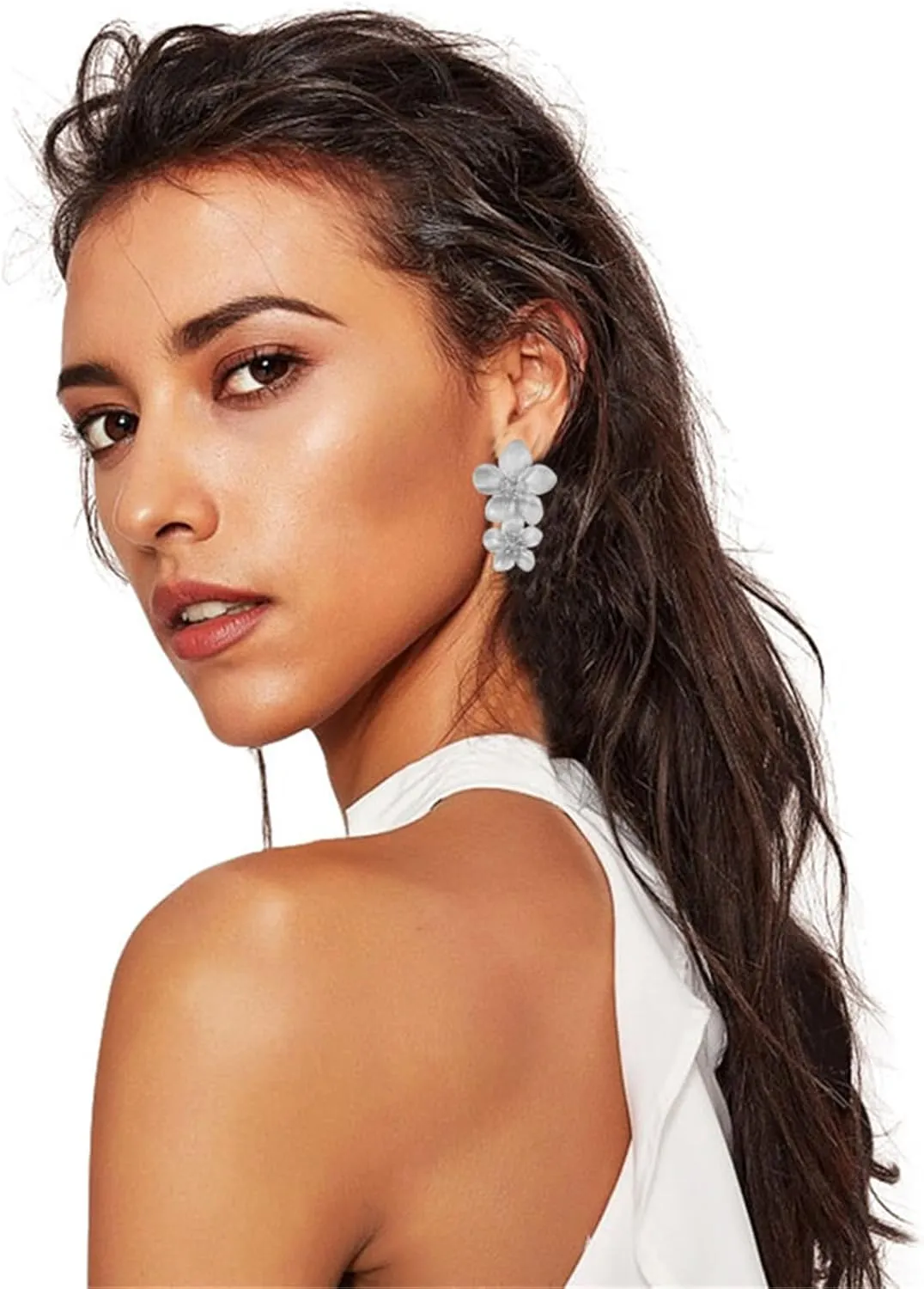 MALOYANVE Bohemian Flower Earrings for Women Delicate Big Double Layered Tiered Daisy Matte Metal Floral Petal Dangle Drop Statement Earrings Chic Boho Hawaii Vacation Wedding Flower Jewelry