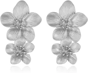 MALOYANVE Bohemian Flower Earrings for Women Delicate Big Double Layered Tiered Daisy Matte Metal Floral Petal Dangle Drop Statement Earrings Chic Boho Hawaii Vacation Wedding Flower Jewelry