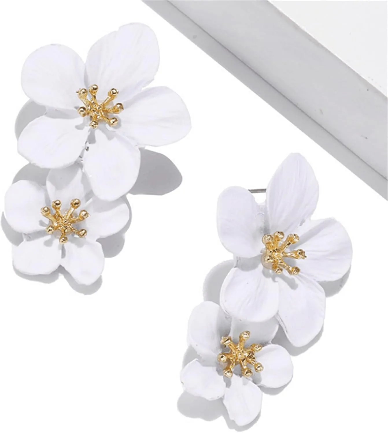 MALOYANVE Bohemian Flower Earrings for Women Delicate Big Double Layered Tiered Daisy Matte Metal Floral Petal Dangle Drop Statement Earrings Chic Boho Hawaii Vacation Wedding Flower Jewelry