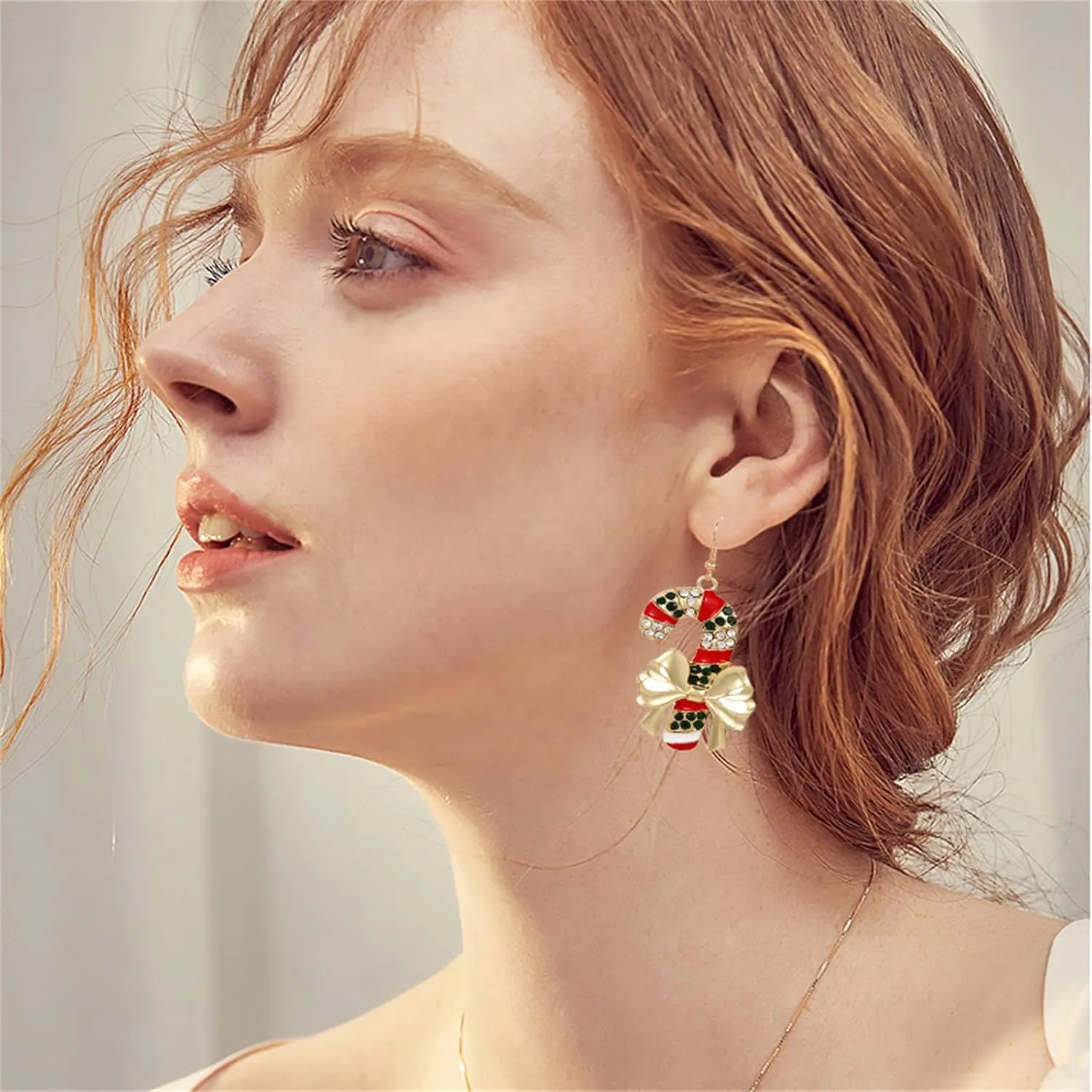 MALOYANVE Christmas Candy Crutches Earrings for Women Xmas Delicate Sparkly Alloy Red White Crystal Rhinestone Crutched Dangle Drop Earrings Celebration Decoration Jewelry