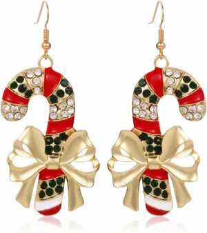 MALOYANVE Christmas Candy Crutches Earrings for Women Xmas Delicate Sparkly Alloy Red White Crystal Rhinestone Crutched Dangle Drop Earrings Celebration Decoration Jewelry