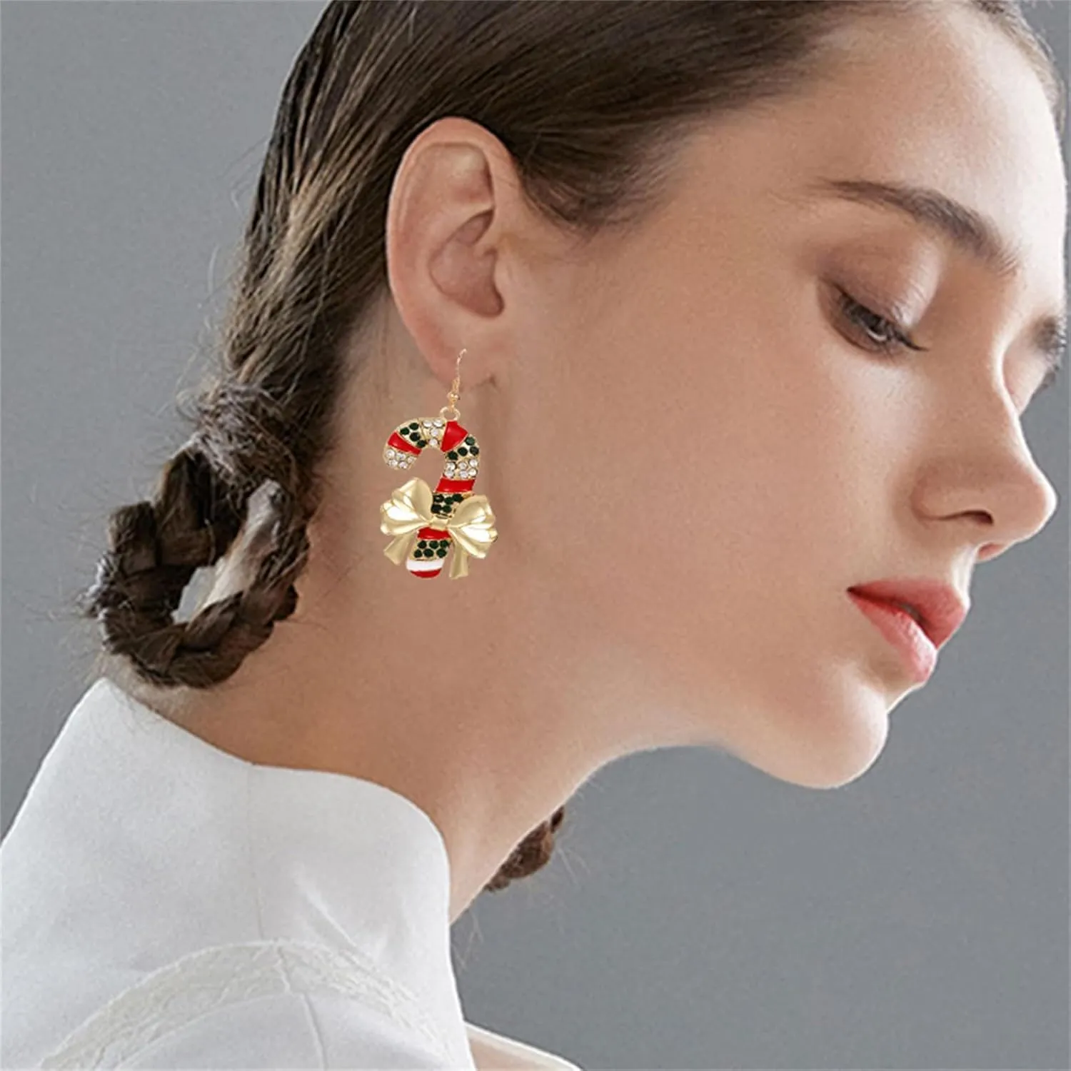 MALOYANVE Christmas Candy Crutches Earrings for Women Xmas Delicate Sparkly Alloy Red White Crystal Rhinestone Crutched Dangle Drop Earrings Celebration Decoration Jewelry