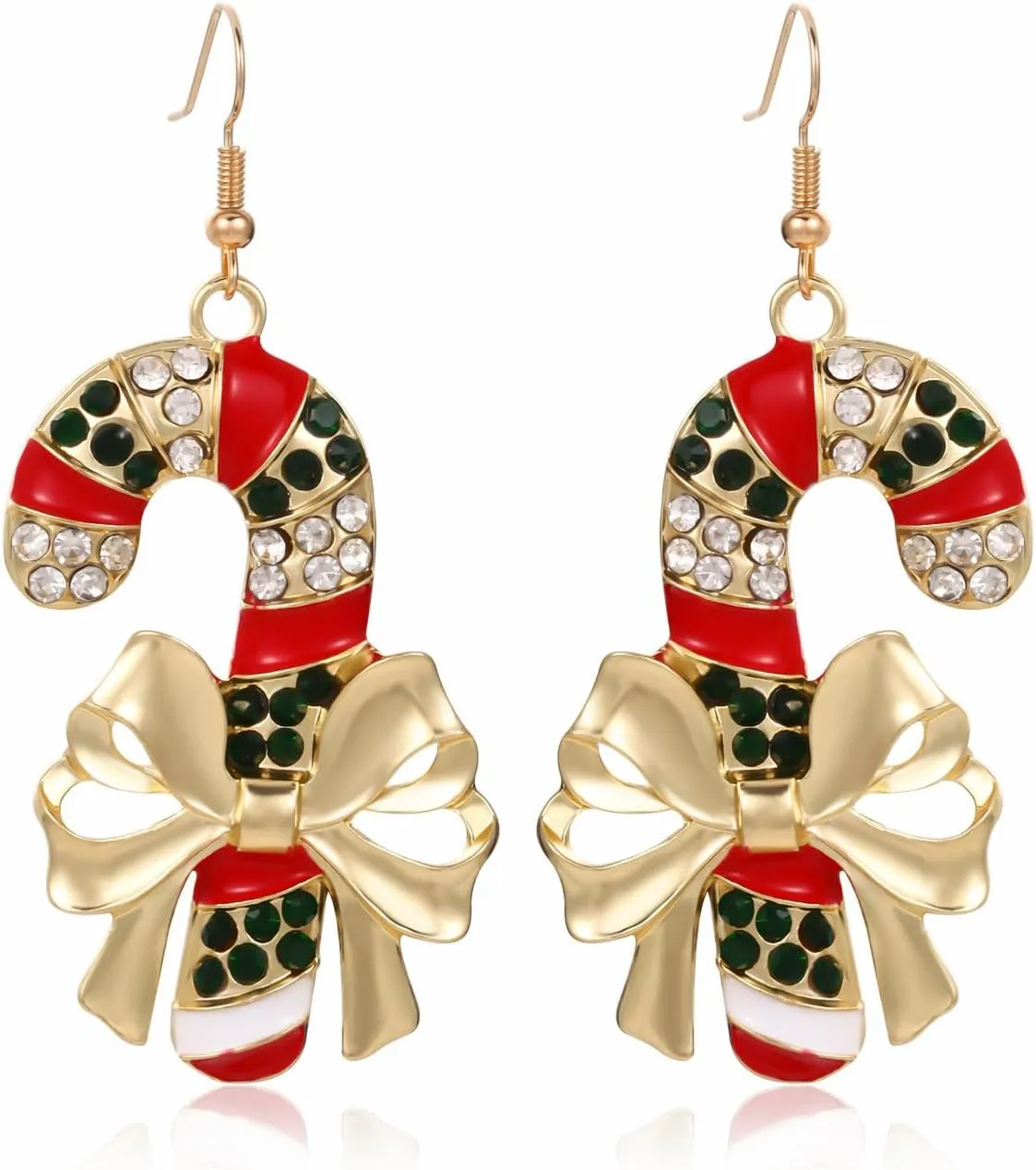 MALOYANVE Christmas Candy Crutches Earrings for Women Xmas Delicate Sparkly Alloy Red White Crystal Rhinestone Crutched Dangle Drop Earrings Celebration Decoration Jewelry