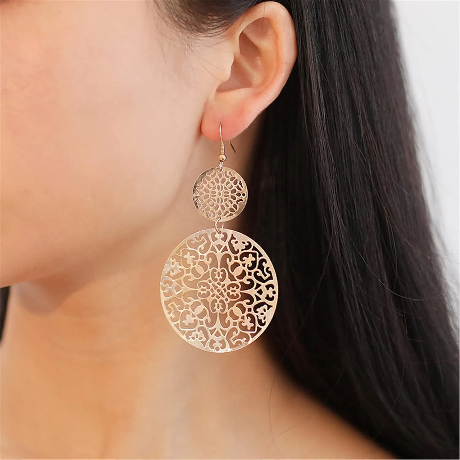 MALOYANVE Filigree Disc Drop Earrings for Women - Delicate Double Hollow Out Round Disc Statement Bohemian Metallic Dangle Hook Earrings