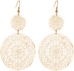 MALOYANVE Filigree Disc Drop Earrings for Women - Delicate Double Hollow Out Round Disc Statement Bohemian Metallic Dangle Hook Earrings