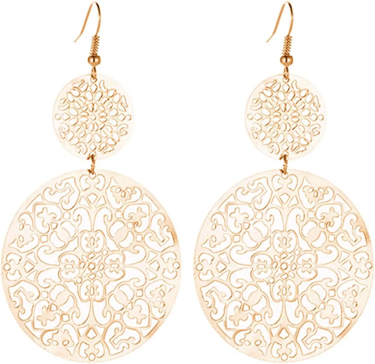 MALOYANVE Filigree Disc Drop Earrings for Women - Delicate Double Hollow Out Round Disc Statement Bohemian Metallic Dangle Hook Earrings