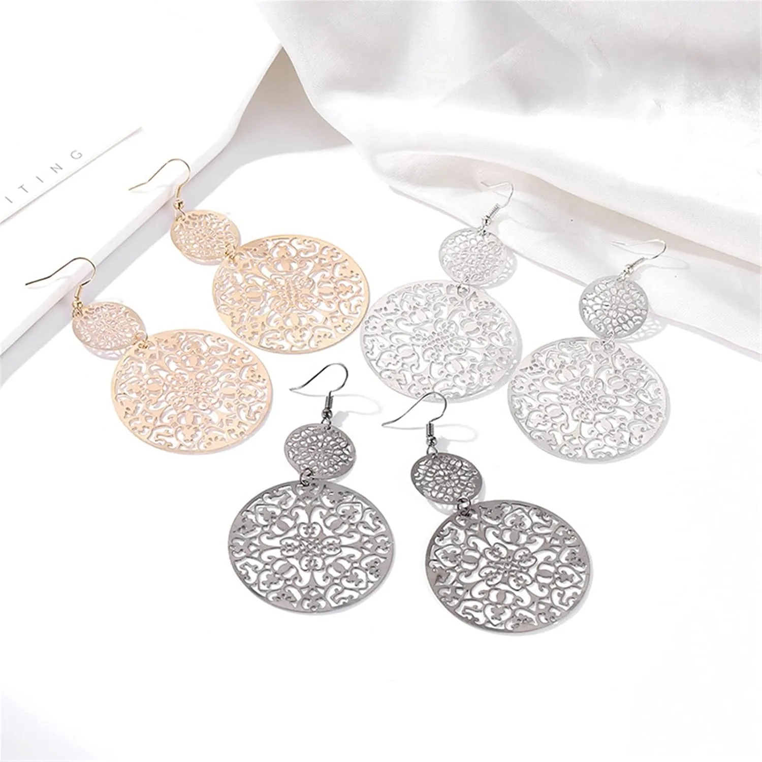 MALOYANVE Filigree Disc Drop Earrings for Women - Delicate Double Hollow Out Round Disc Statement Bohemian Metallic Dangle Hook Earrings
