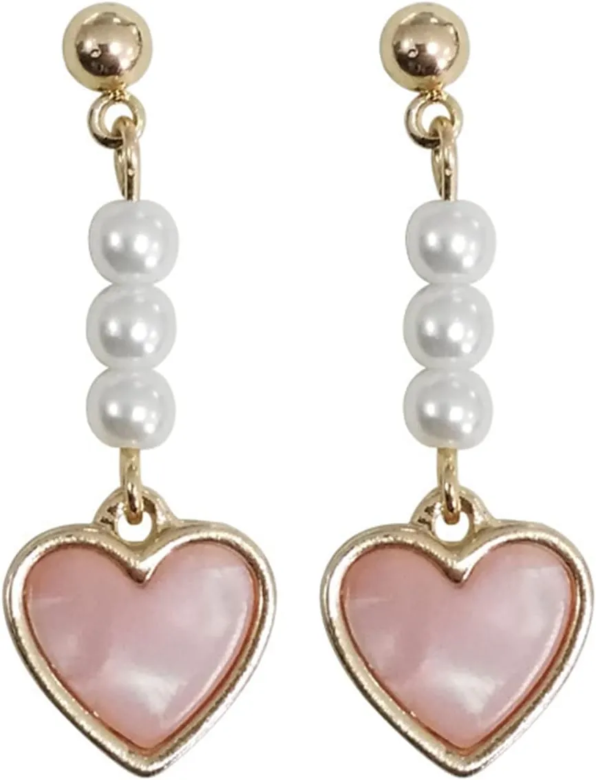 MALOYANVE Love Heart Long Tassel Dangle Earrings for Women Sweet Dainty Cute Pearl 925 Silver Needle Pink Heart Dangle Drop Hook Earrings Delicate Jewelry