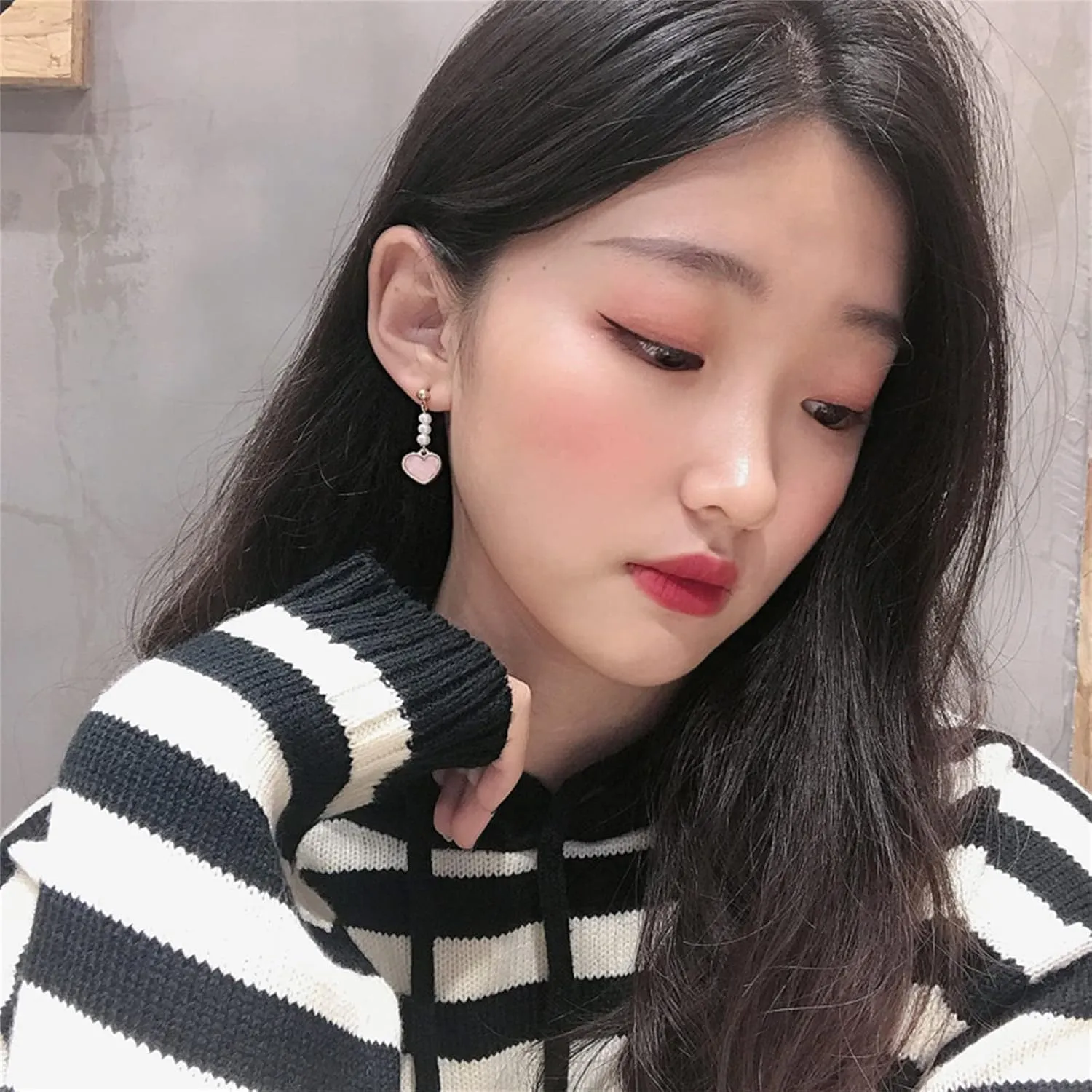 MALOYANVE Love Heart Long Tassel Dangle Earrings for Women Sweet Dainty Cute Pearl 925 Silver Needle Pink Heart Dangle Drop Hook Earrings Delicate Jewelry