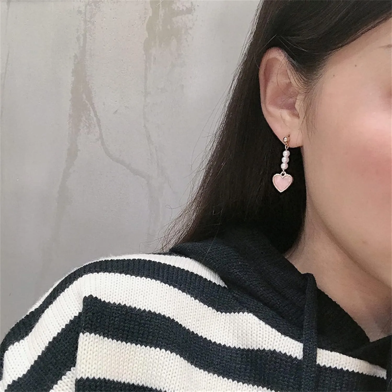 MALOYANVE Love Heart Long Tassel Dangle Earrings for Women Sweet Dainty Cute Pearl 925 Silver Needle Pink Heart Dangle Drop Hook Earrings Delicate Jewelry