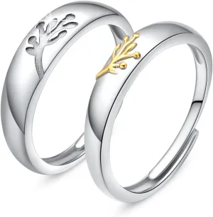 Matching Rings Set 925 Sterling Silver Tree of Life Promise Adjustable Rings, Simple Engagement Jewelry Gift for Couples Wife Husband