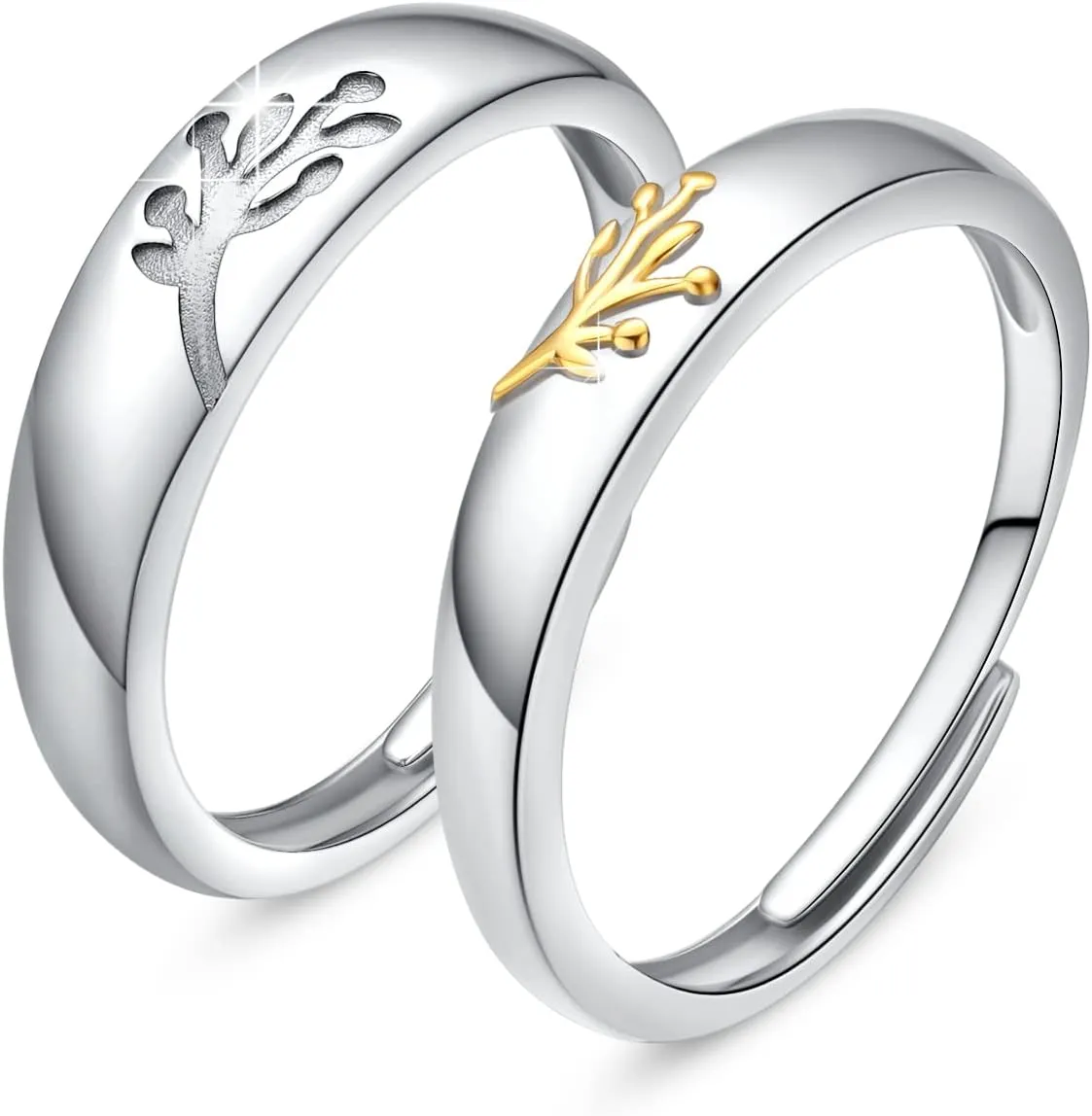 Matching Rings Set 925 Sterling Silver Tree of Life Promise Adjustable Rings, Simple Engagement Jewelry Gift for Couples Wife Husband
