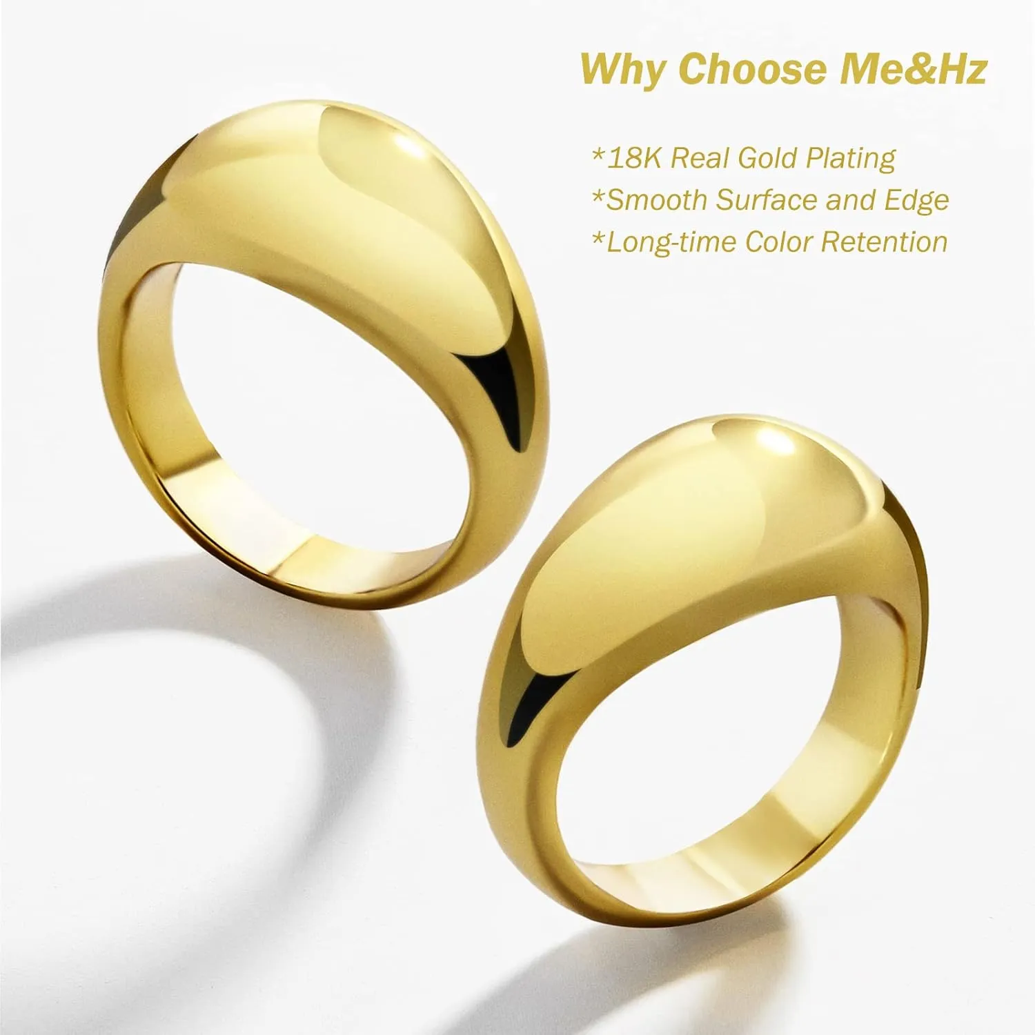 Me&Hz Chunky Rings for Women, 18K Gold Plated Simple Dome Statement Ring, Stackable Thick Band, Silver Gold Plated Minimalist Signet Ring, Size 5 to 10