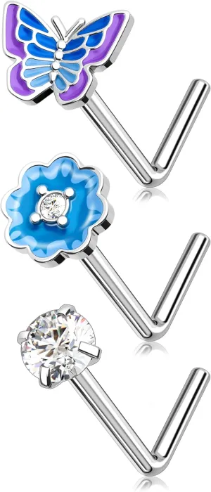 Meiighting 3Pcs Blue Butterfly Nose Rings 20G Flower Nose Studs Surgical Steel 316L Clear CZ Nose Piercing Jewelry L Shaped For Women 7mm Spring Piercing Jewerly