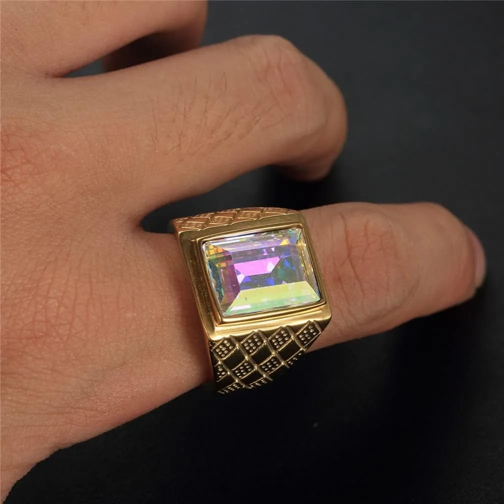Men's 18K Gold/Silver Plated Bold Stainless Steel Rings with Multicolor Stone