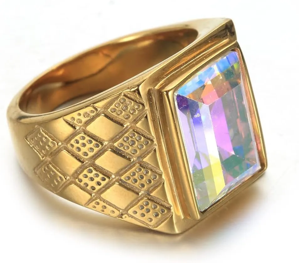 Men's 18K Gold/Silver Plated Bold Stainless Steel Rings with Multicolor Stone
