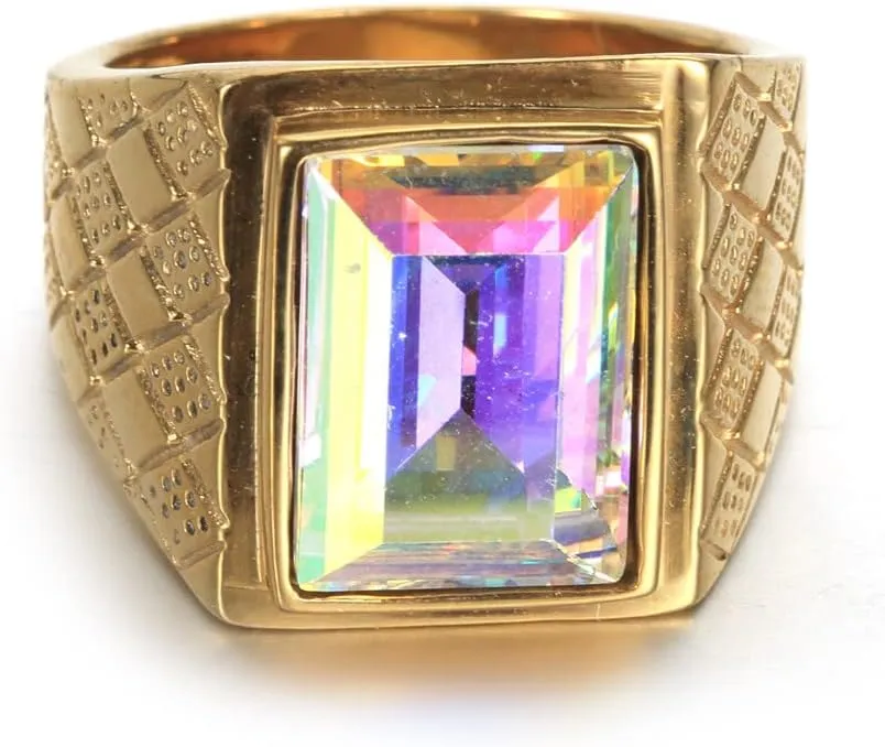 Men's 18K Gold/Silver Plated Bold Stainless Steel Rings with Multicolor Stone