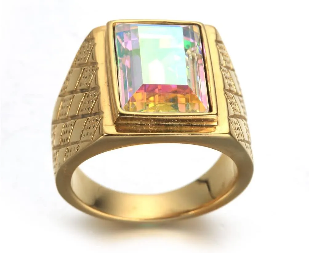 Men's 18K Gold/Silver Plated Bold Stainless Steel Rings with Multicolor Stone